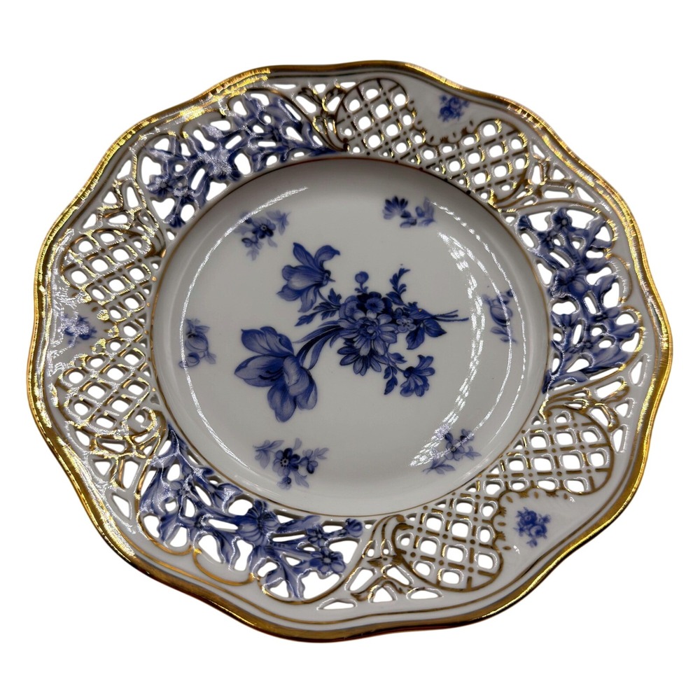 VTG Schumann Bavaria USA Zone Reticulated Plate Blue Floral Gold Gilt 7.5 Inch